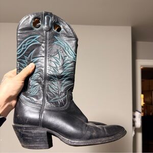 Black Leather Cowboy Boots with Teal Embroidery Custom